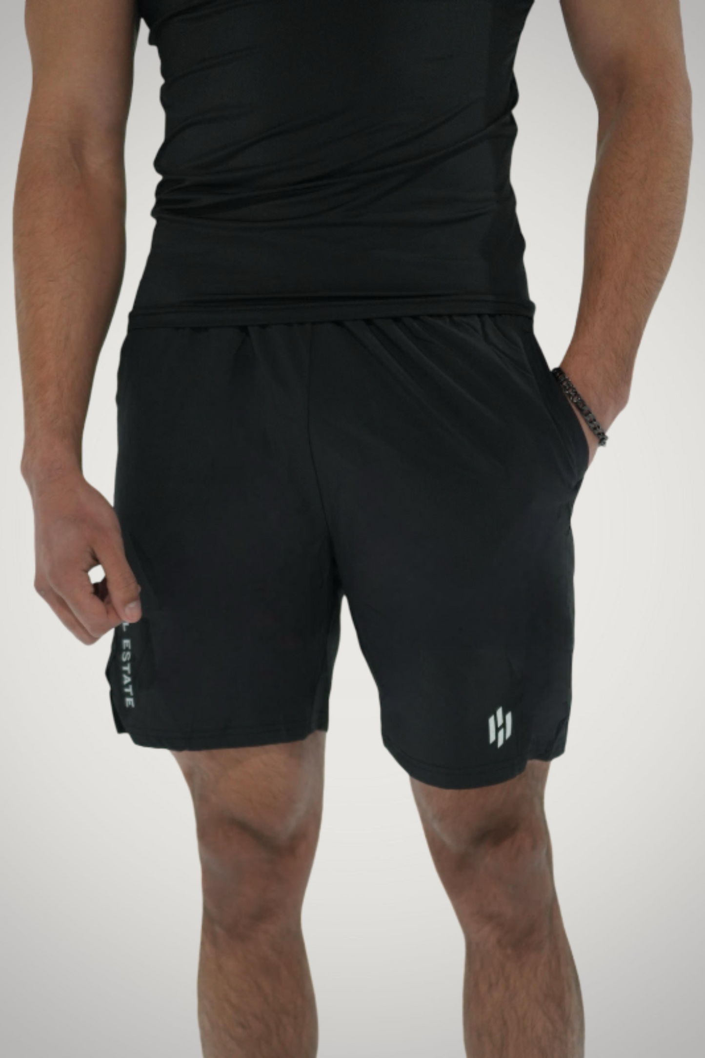 ''POWER'' athletic shorts—black