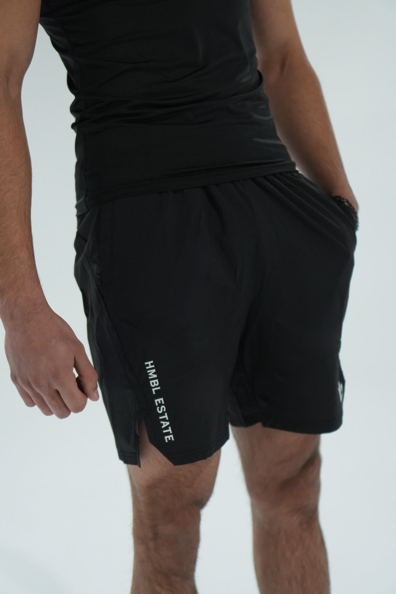 ''POWER'' athletic shorts—black