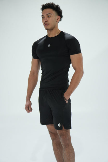 ''POWER'' athletic shorts—black